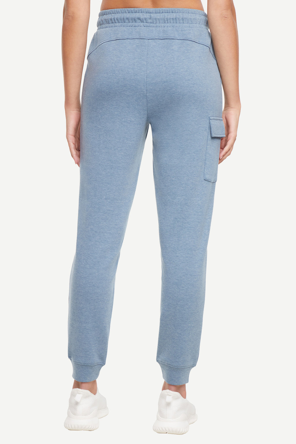 Journey Cargo Jogger, alternate angle view, showing visible design features and texture of the soft knit fabric.. #color_heather-bluestone