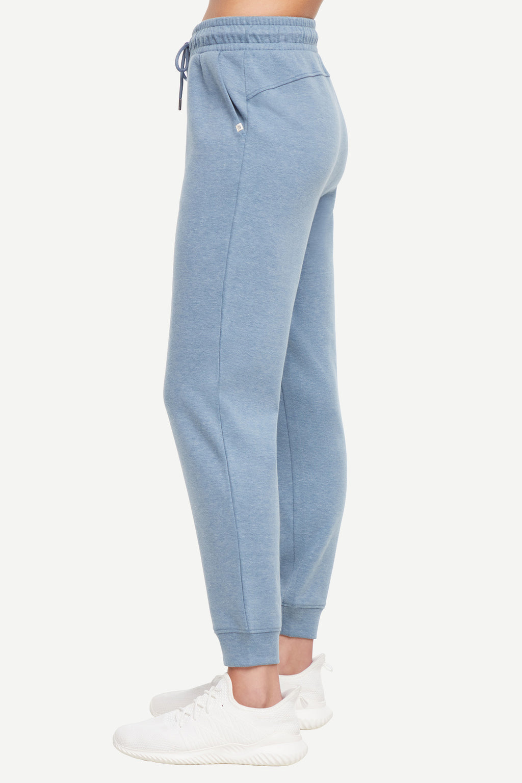 Journey Cargo Jogger, alternate angle view, showing visible design features and texture of the soft knit fabric.. #color_heather-bluestone