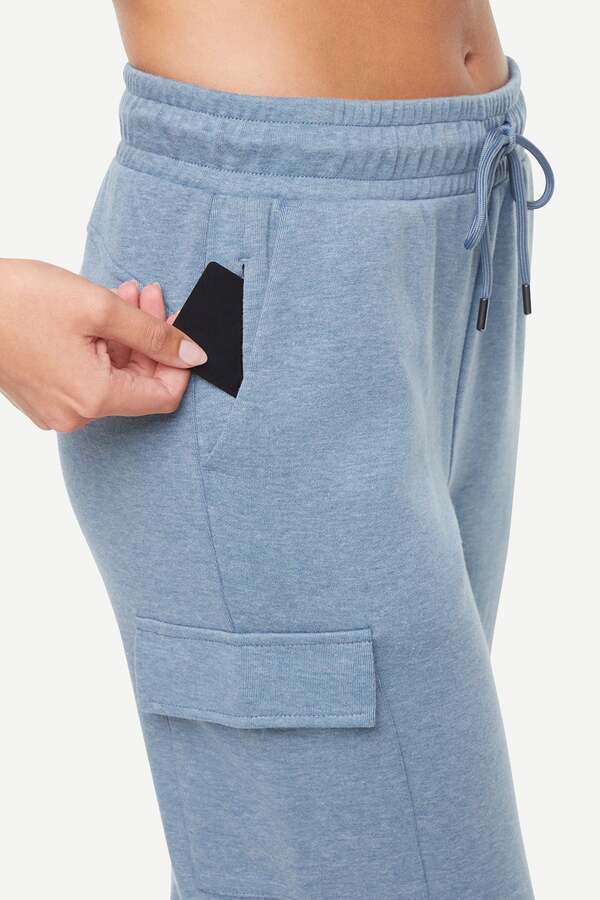 Journey Cargo Jogger, alternate angle view, showing visible design features and texture of the soft knit fabric.. #color_heather-bluestone