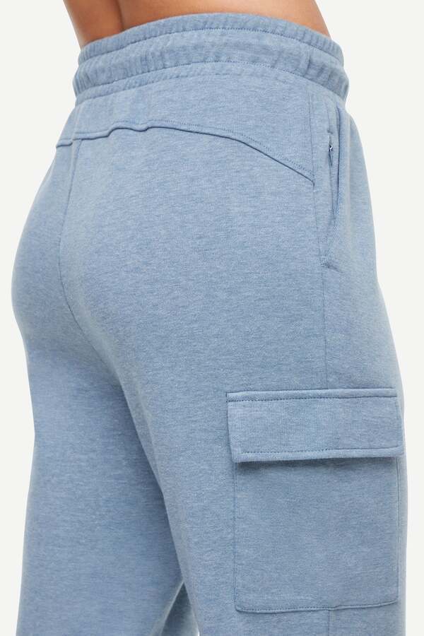 Journey Cargo Jogger, alternate angle view, showing visible design features and texture of the soft knit fabric.. #color_heather-bluestone