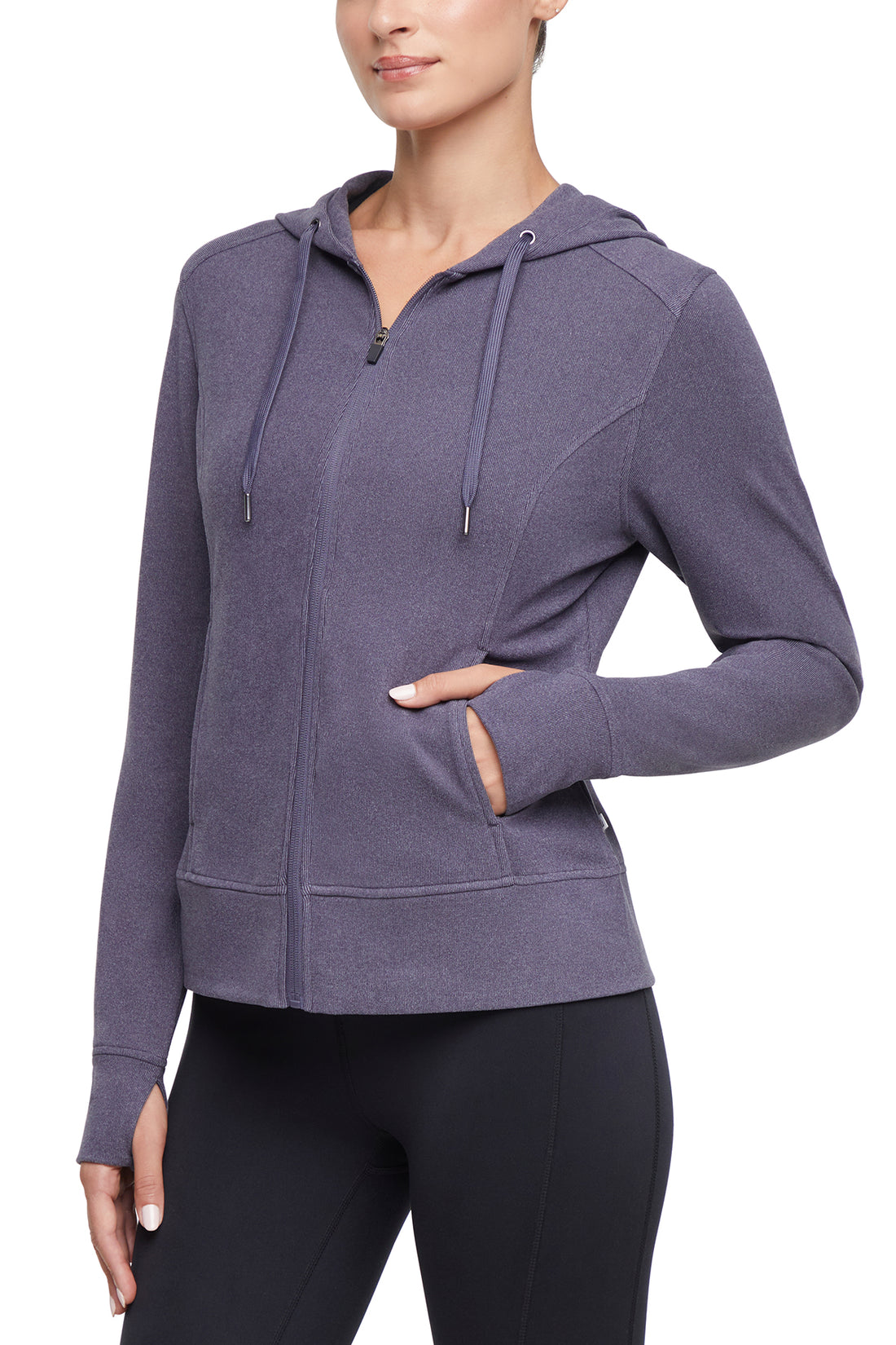 Riley Full Zip Hoodie, alternate angle view, showing visible design features and texture of the soft fleece fabric.. 