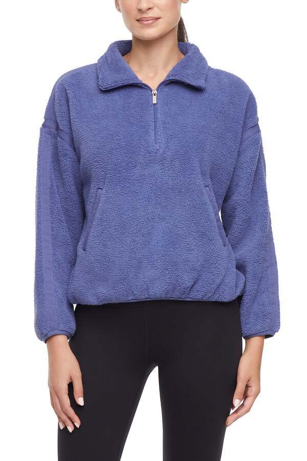 Caliste 1/4 Zip Sherpa Pullover, alternate angle view, showing visible design features and texture of the soft knit fabric.. 