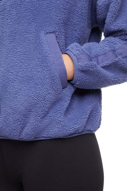 Caliste 1/4 Zip Sherpa Pullover, alternate angle view, showing visible design features and texture of the soft knit fabric.. 