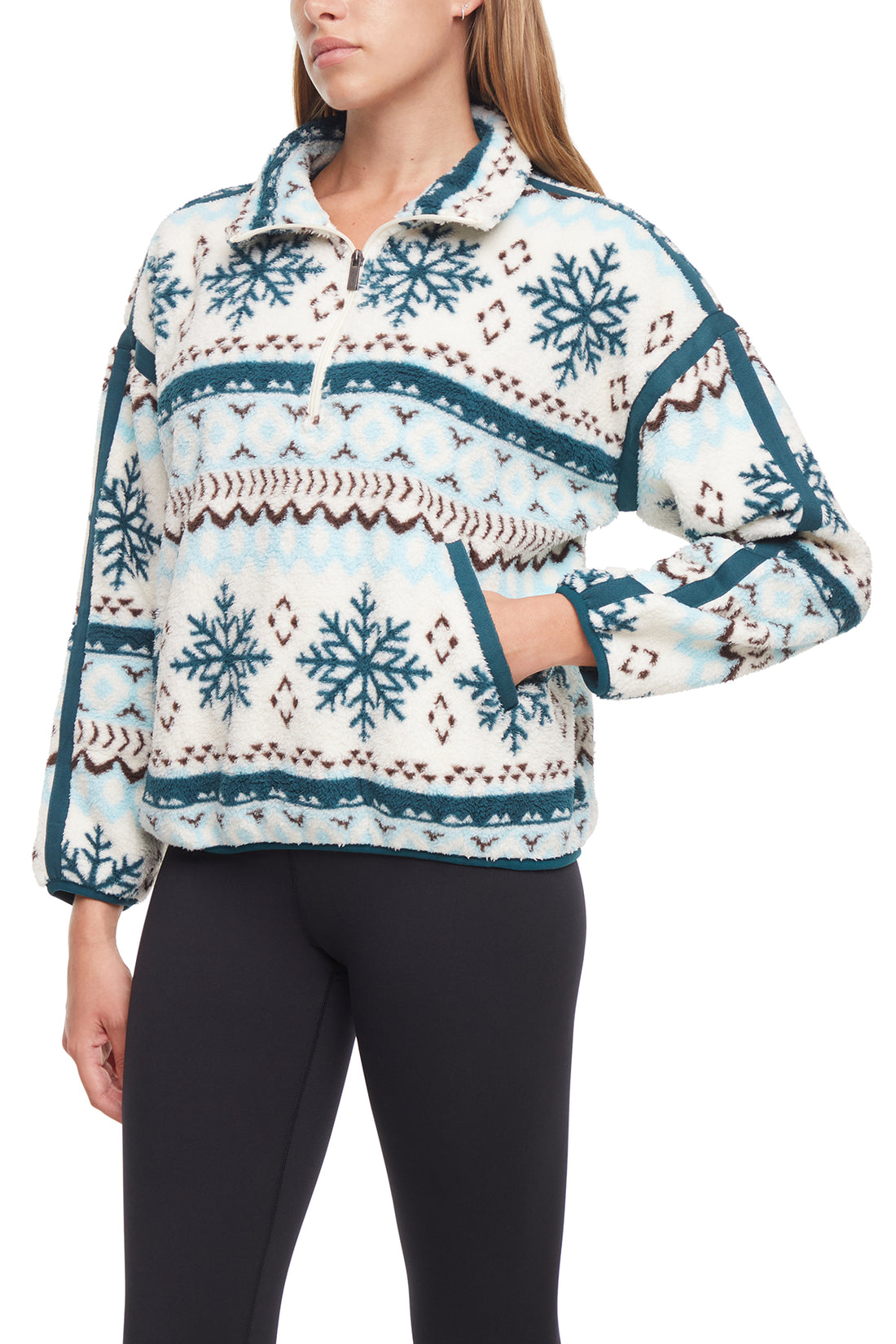 Caliste 1/4 Zip Sherpa Pullover, alternate angle view, showing visible design features and texture of the soft knit fabric.. 