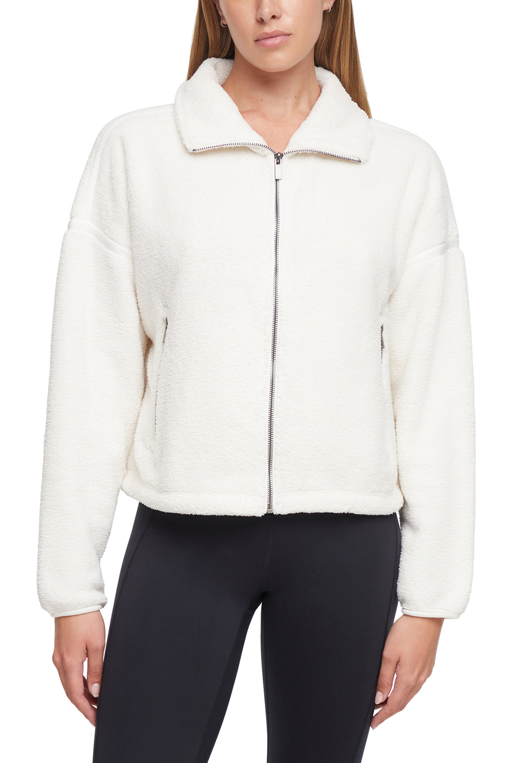 Blair Sherpa Jacket, alternate angle view, showing visible design features and texture of the smooth woven fabric.. #color_egret