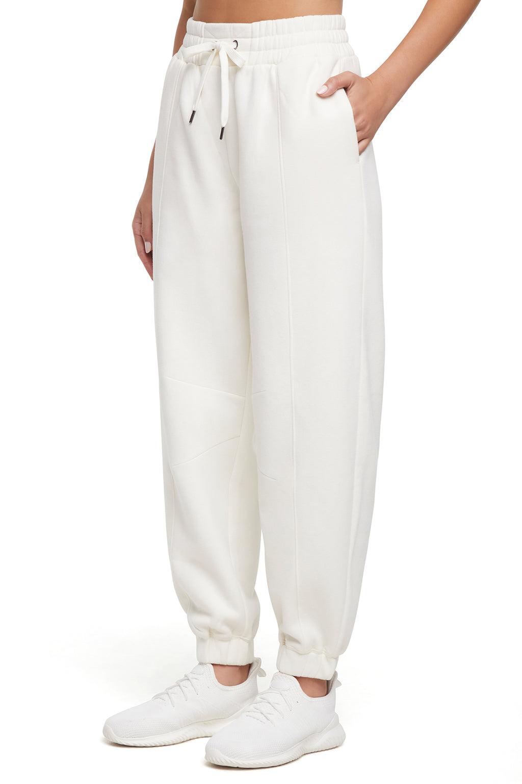 Calliope Jogger, front view, showing visible design features and texture of the soft knit fabric.. #color_egret