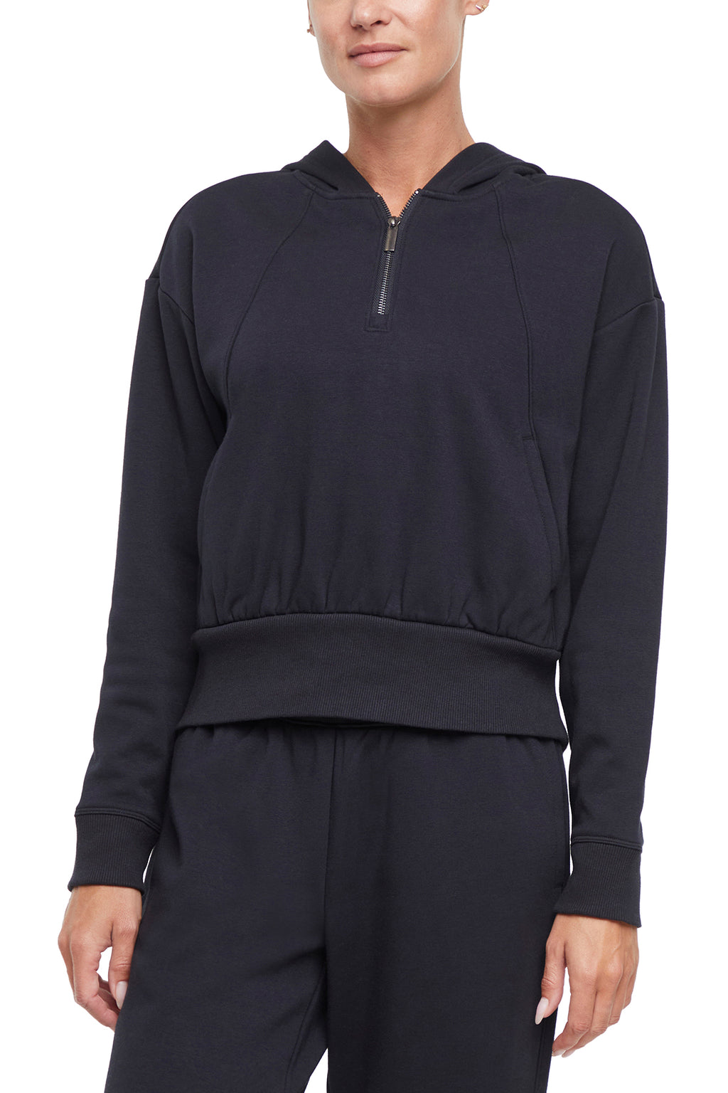 Roxie 1/4 Zip Hoodie, alternate angle view, showing visible design features and texture of the soft fleece fabric. #color_black