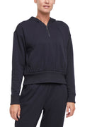 Roxie 1/4 Zip Hoodie, alternate angle view, showing visible design features and texture of the soft fleece fabric. #color_black