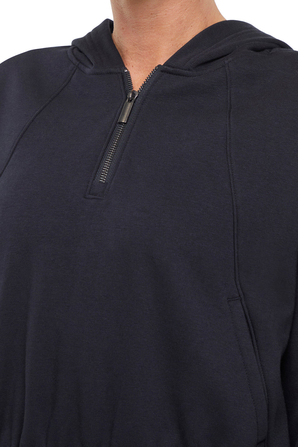 Roxie 1/4 Zip Hoodie, alternate angle view, showing visible design features and texture of the soft fleece fabric. #color_black