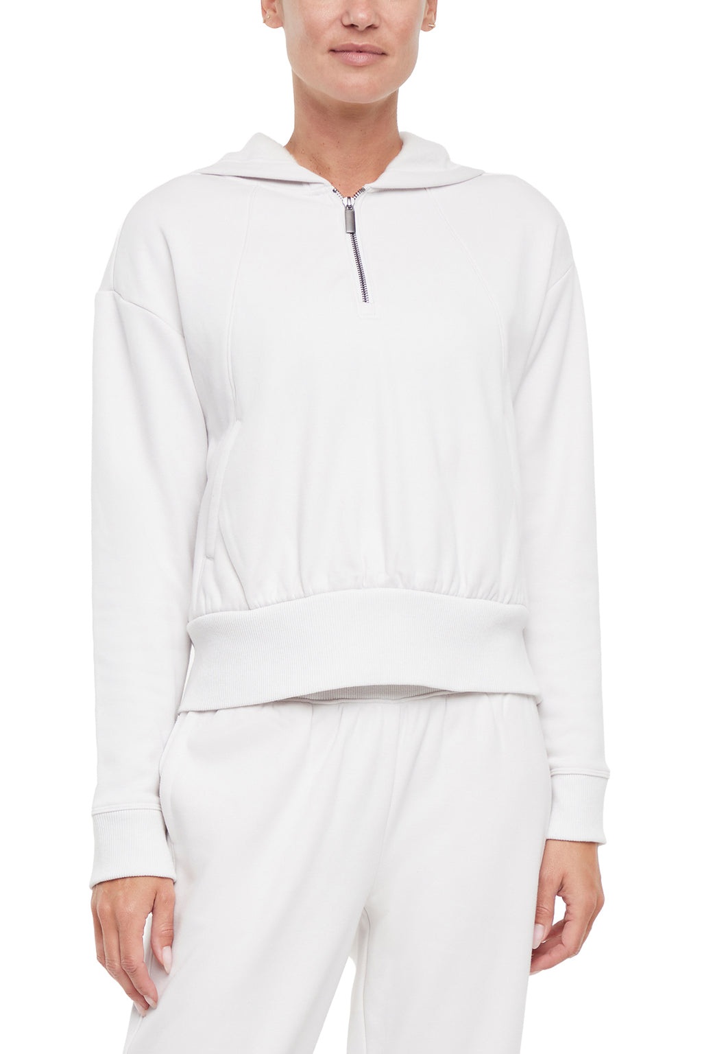 Roxie 1/4 Zip Hoodie, close-up view of fabric and stitching, showing visible design features and texture of the soft fleece fabric. #color_nimbus-cloud