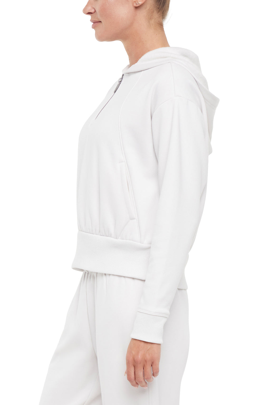 Roxie 1/4 Zip Hoodie, alternate angle view, showing visible design features and texture of the soft fleece fabric. #color_nimbus-cloud