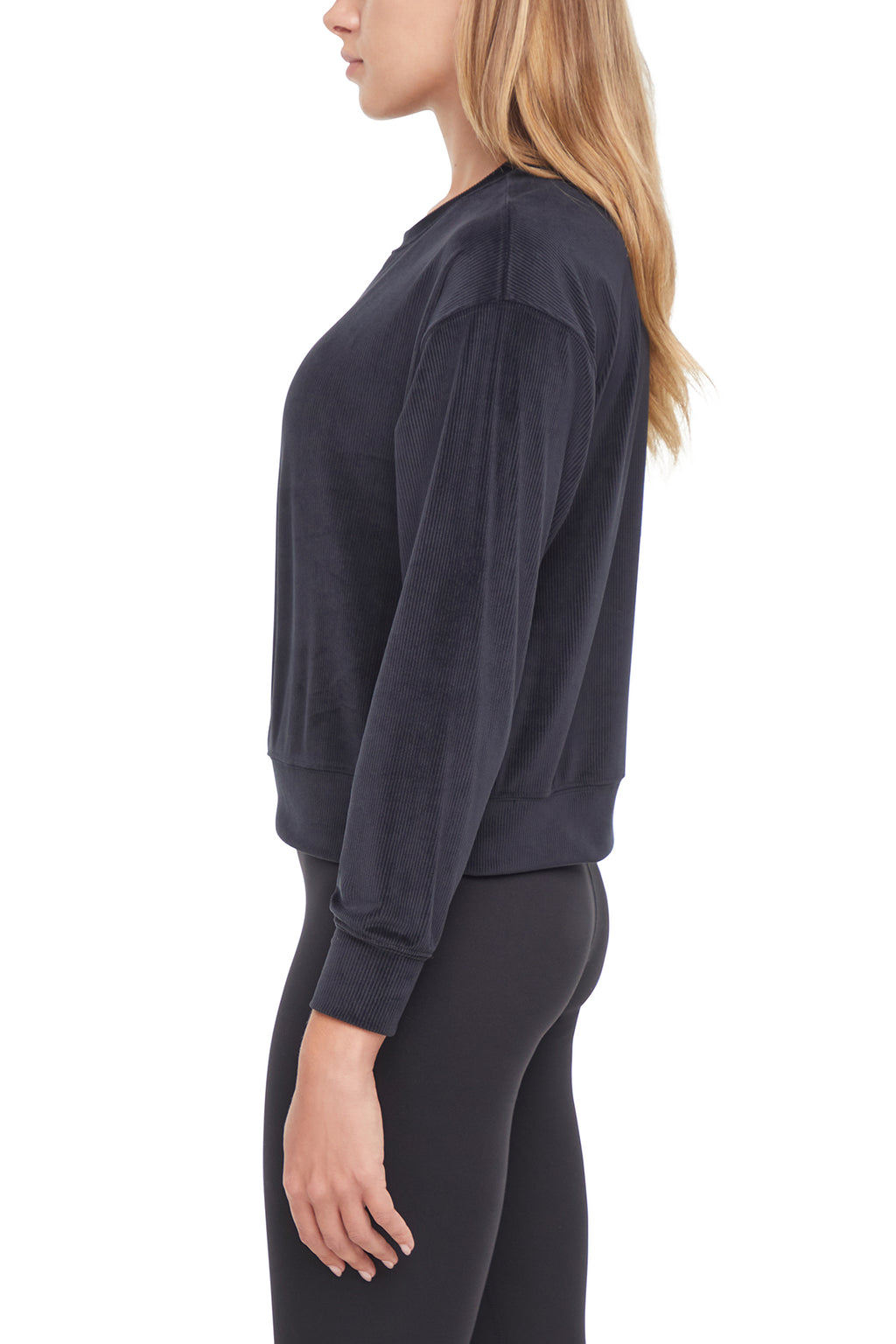 Stormi Sweatshirt, alternate angle view, showing visible design features and texture of the soft knit fabric. #color_black