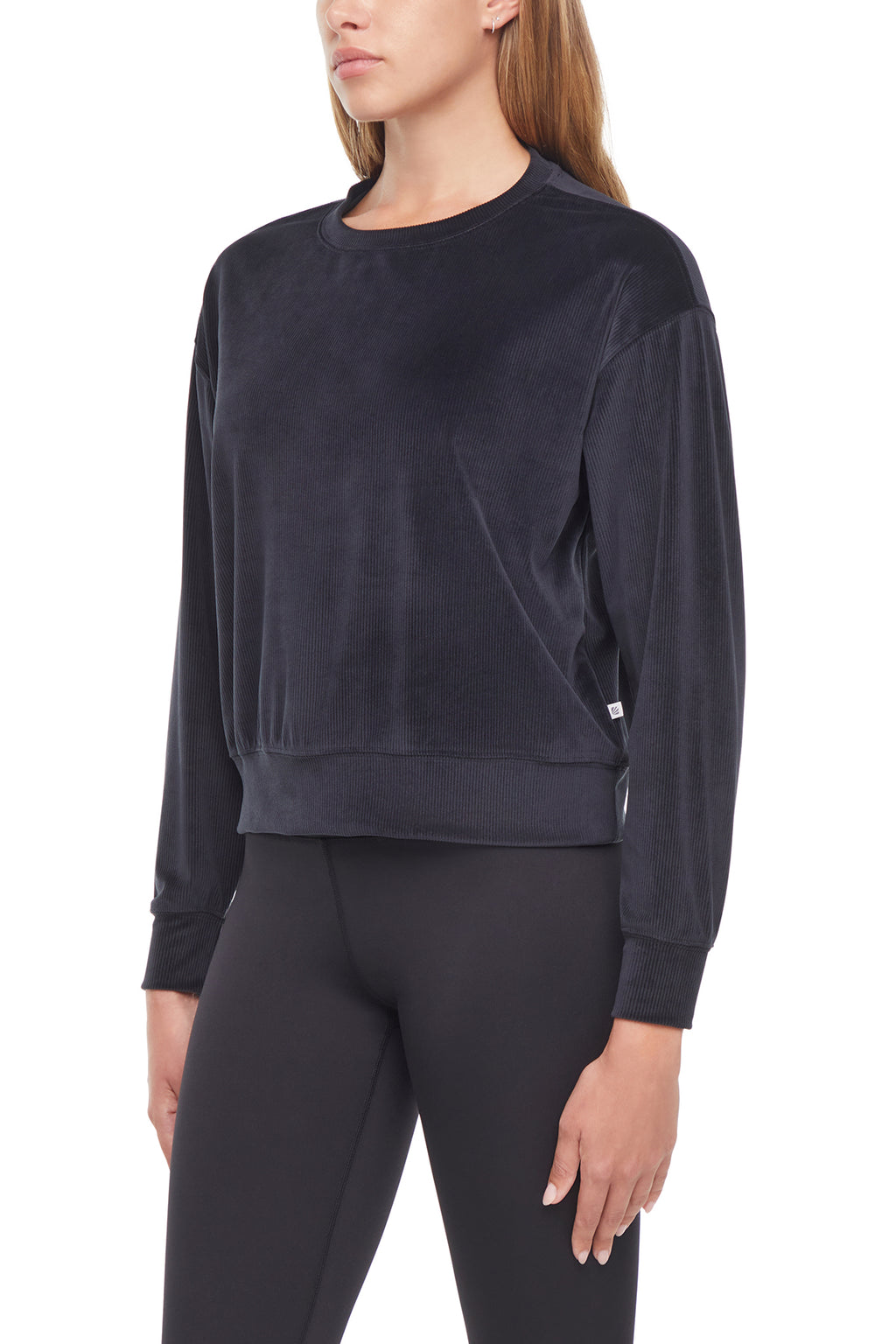Stormi Sweatshirt, alternate angle view, showing visible design features and texture of the soft knit fabric. #color_black