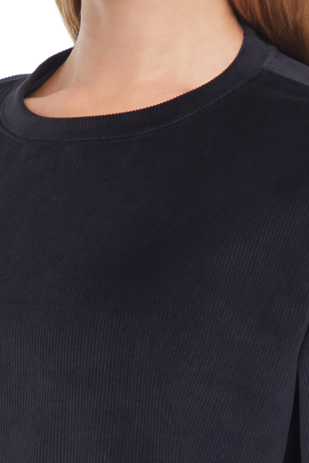 Stormi Sweatshirt, alternate angle view, showing visible design features and texture of the soft knit fabric. #color_black