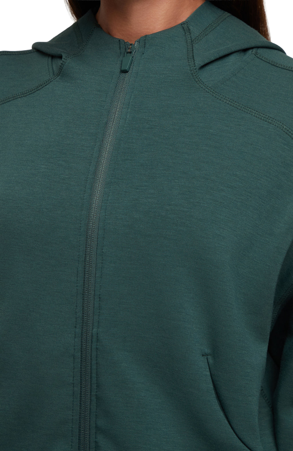 Close-up of a dark teal green full-zip hooded sweatshirt with a front zipper and shoulder seam details. #color_garden-topiary