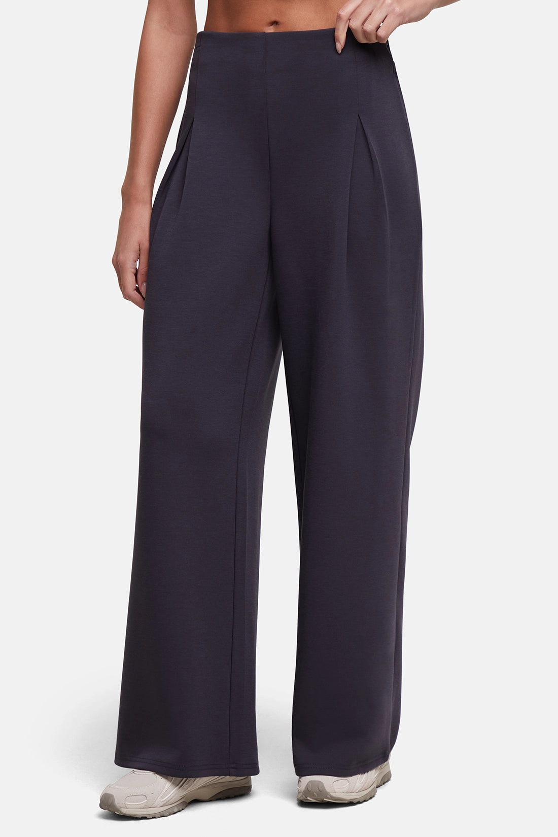 A model wearing high-waisted, wide-leg trousers in a dark charcoal gray color with front pleat details, paired with beige sneakers, against a light gray studio background. 