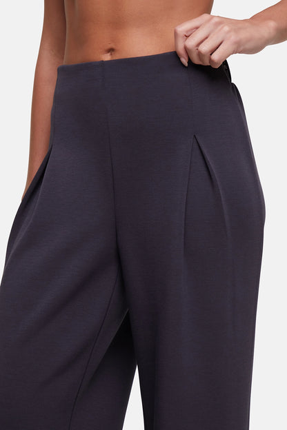 Close-up of a model wearing dark charcoal gray wide-leg trousers, showing the side pleats and waistband detail. 