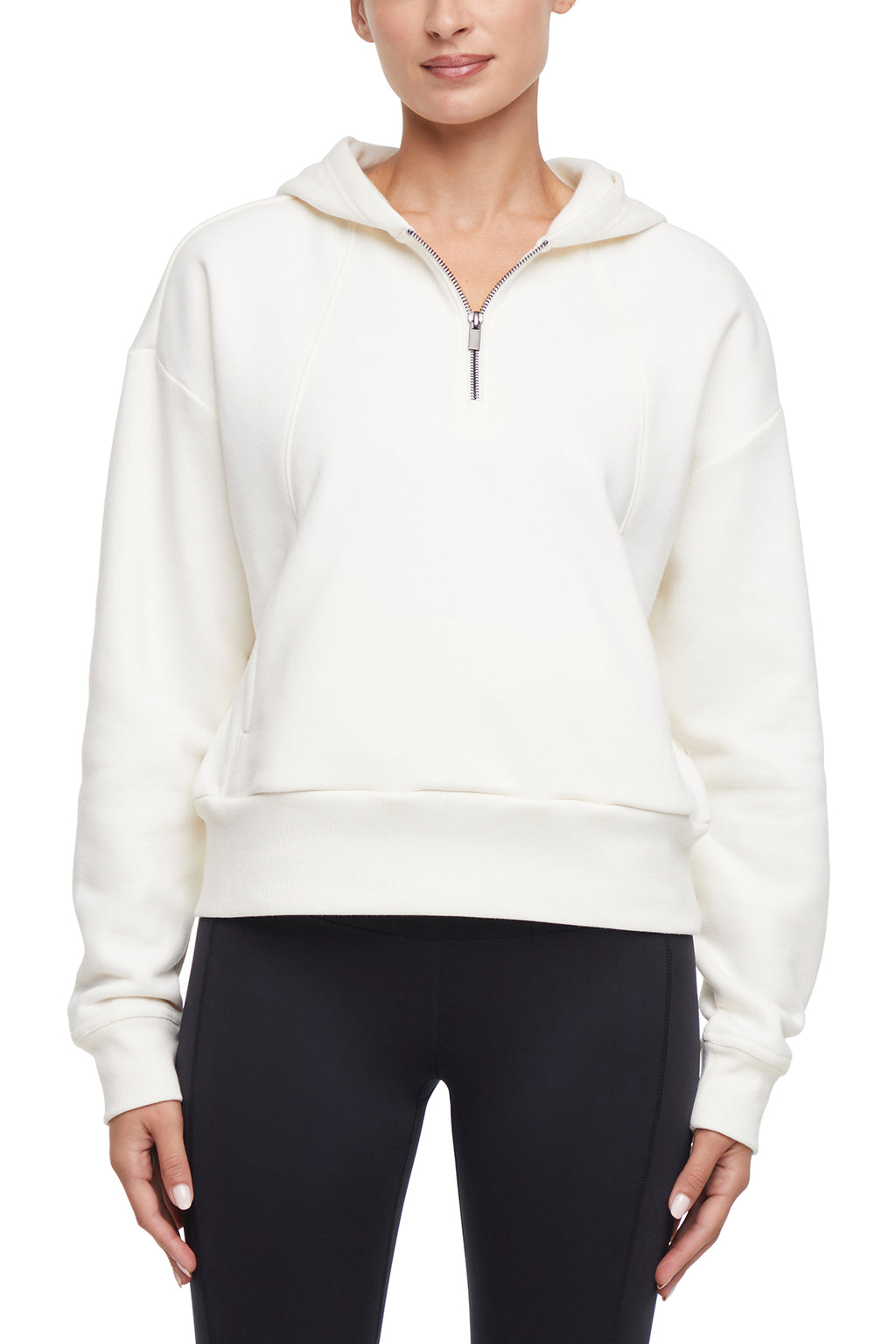 Calliope 1/4 Zip Hoodie, close-up view of fabric and stitching, showing visible design features and texture of the soft fleece fabric.. #color_egret