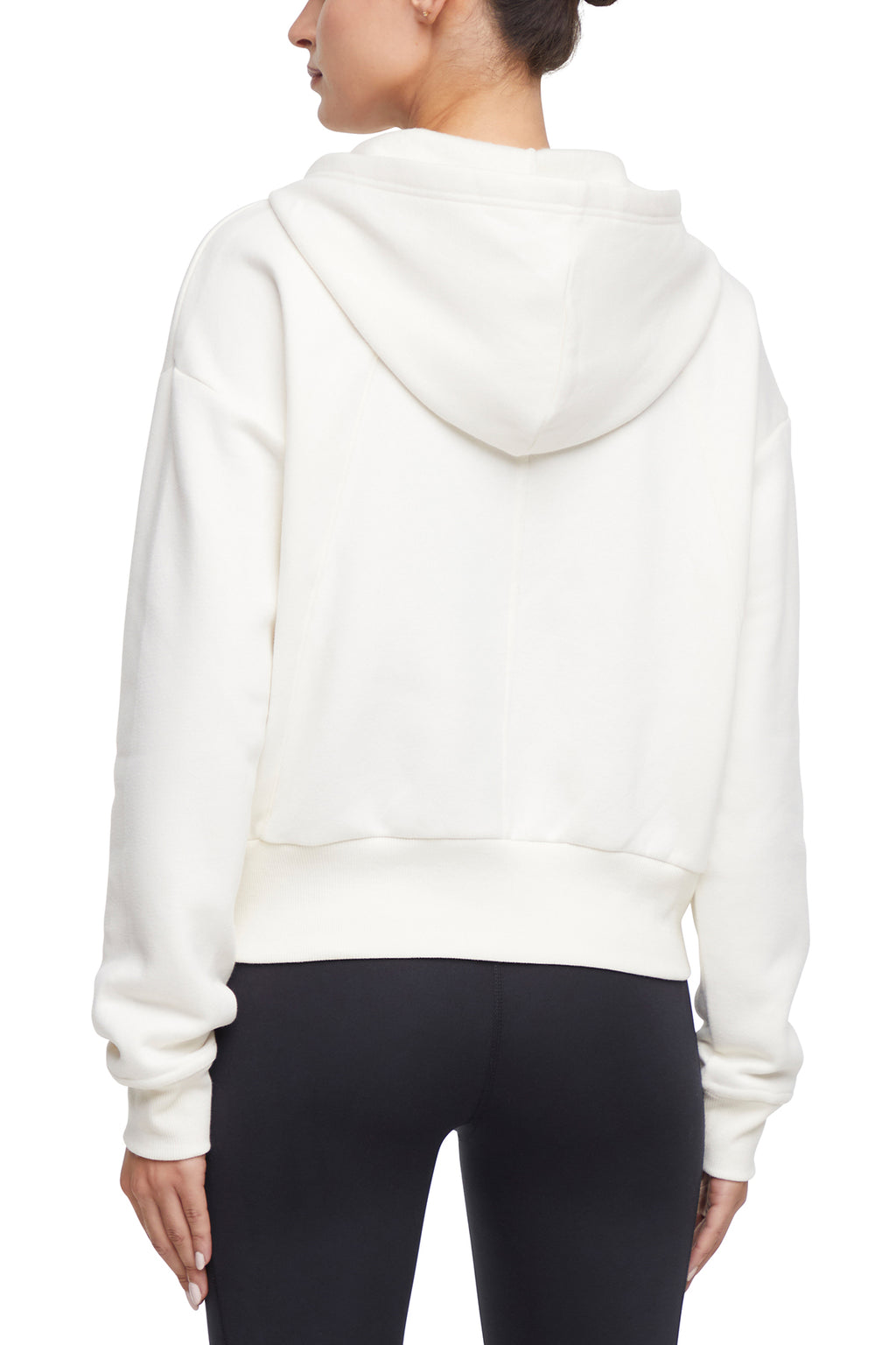 Calliope 1/4 Zip Hoodie, side view showing pocket placement, showing visible design features and texture of the soft fleece fabric.. #color_egret