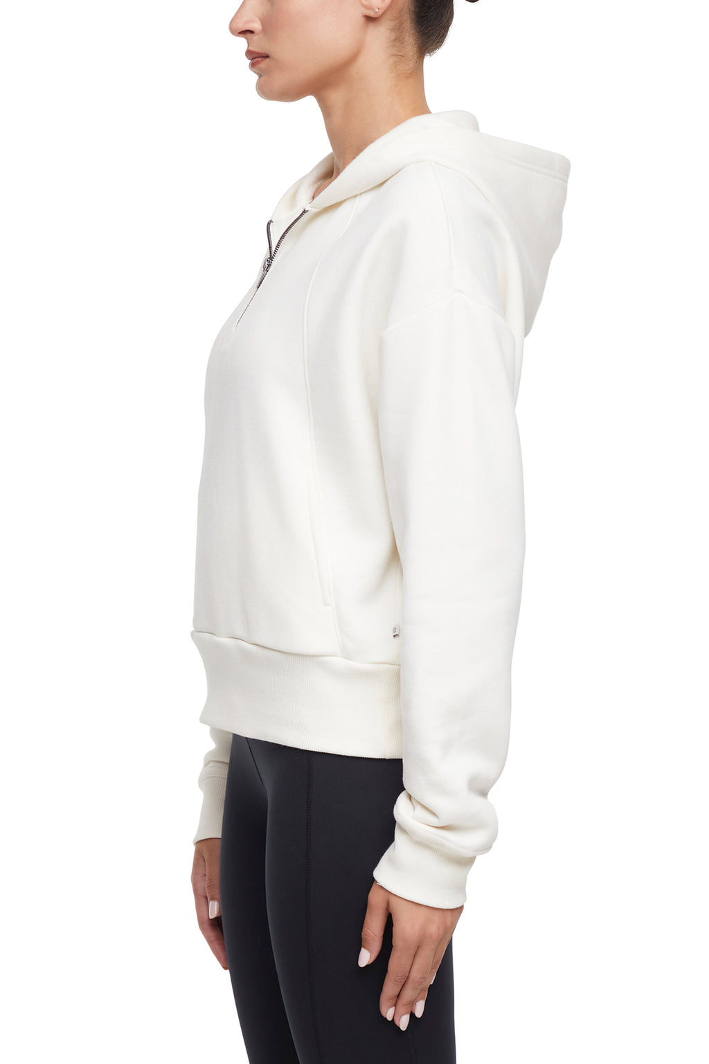 Calliope 1/4 Zip Hoodie, alternate angle view, showing visible design features and texture of the soft fleece fabric.. #color_egret