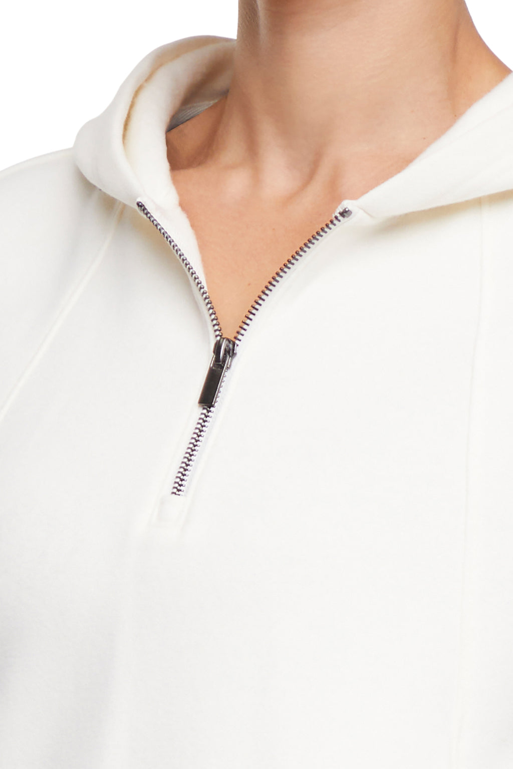 Calliope 1/4 Zip Hoodie, back view, showing visible design features and texture of the soft fleece fabric.. #color_egret