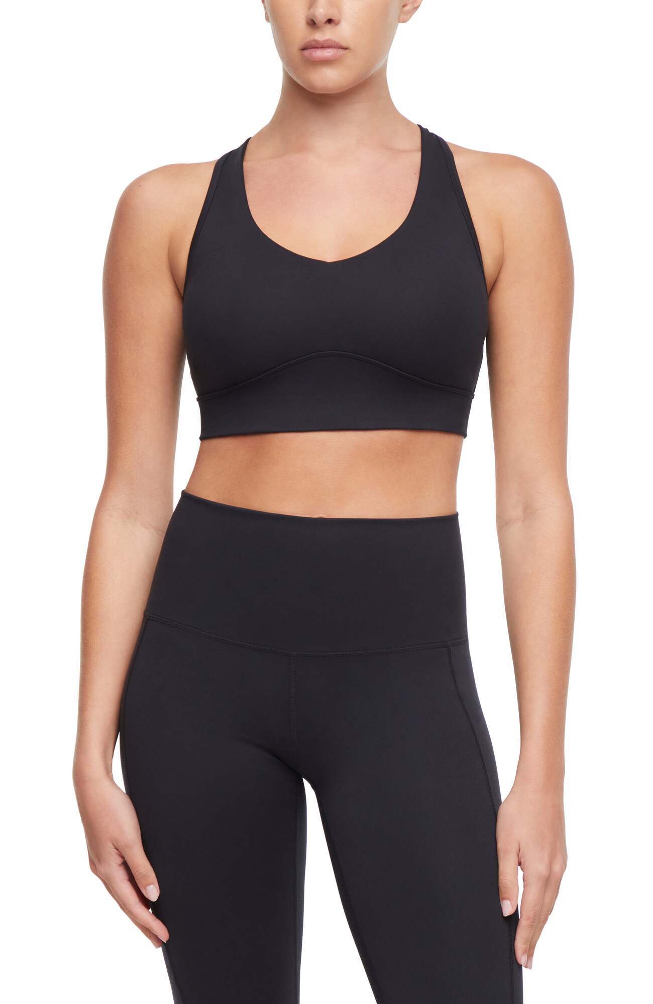 Rubina Sports Bra, alternate angle view, showing visible design features and texture of the soft knit fabric.. 