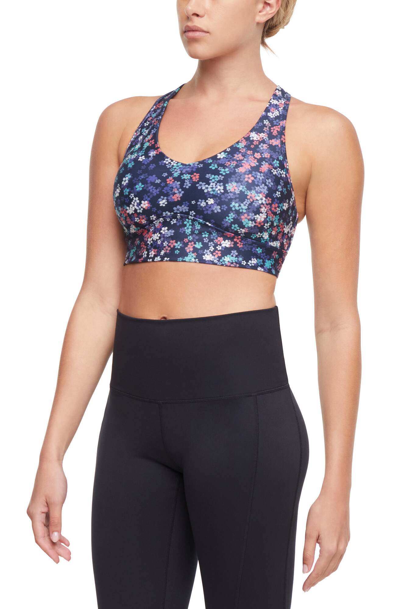 Rubina Sports Bra, alternate angle view, showing visible design features and texture of the soft knit fabric.. 