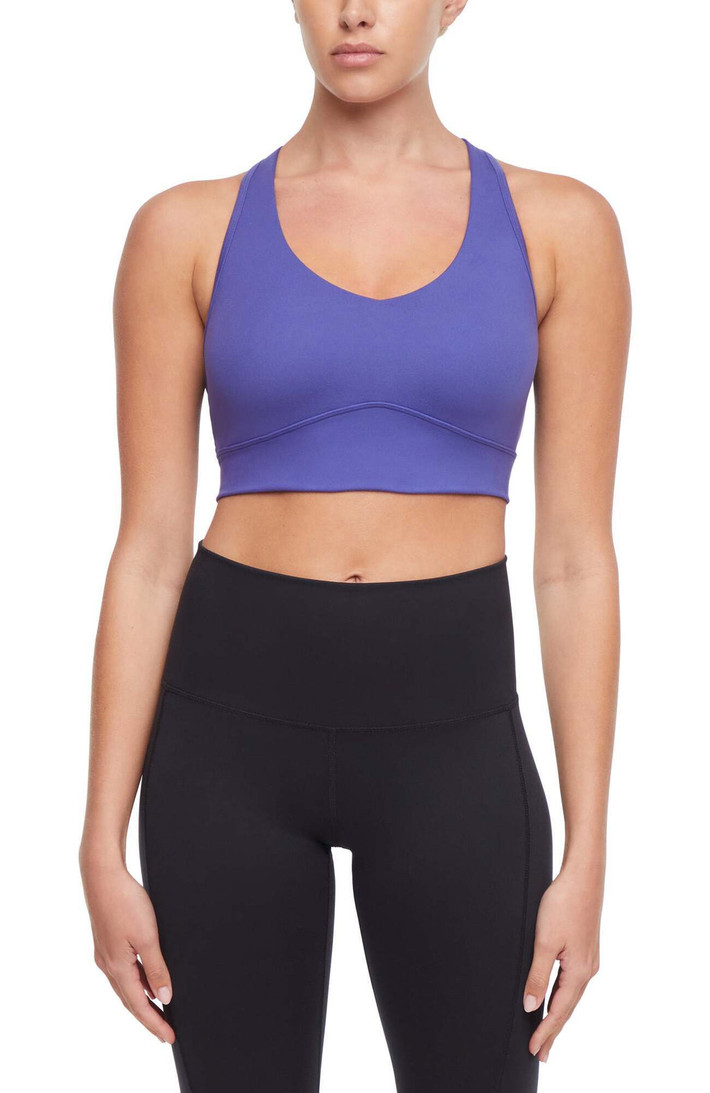 Rubina Sports Bra, alternate angle view, showing visible design features and texture of the soft knit fabric.. #color_orient-blue