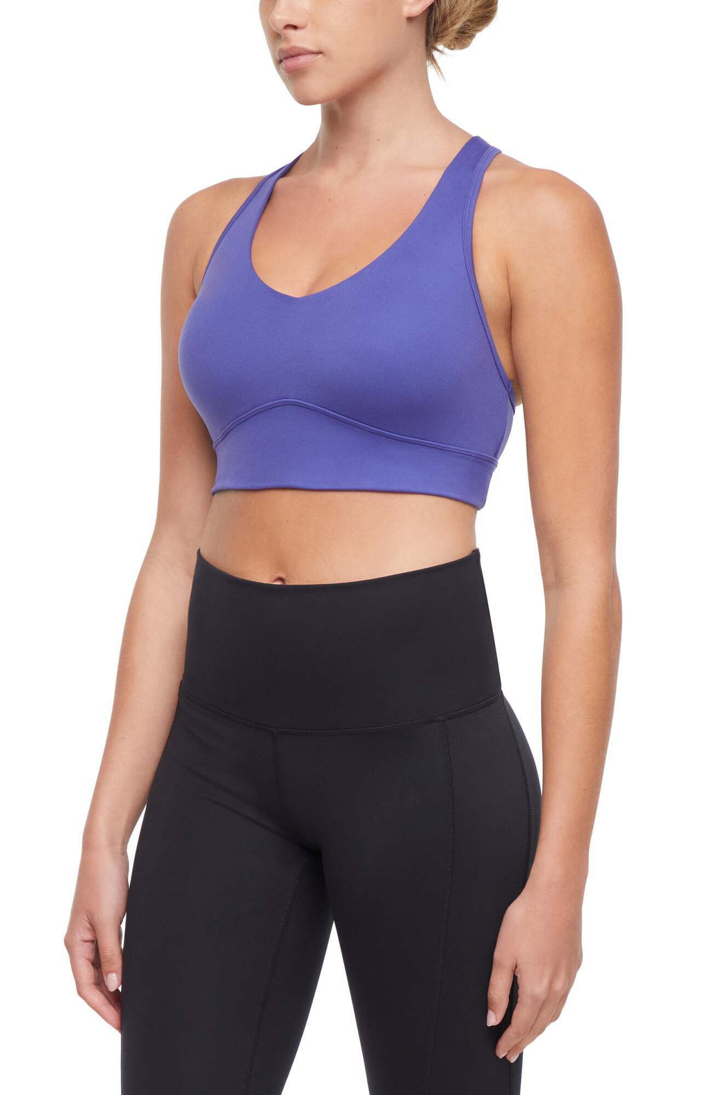 Rubina Sports Bra, alternate angle view, showing visible design features and texture of the soft knit fabric.. #color_orient-blue