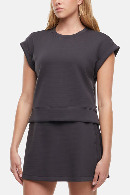 Becky Short Sleeve Crew Neck Top, front view, showing visible design features and texture of the soft knit fabric.