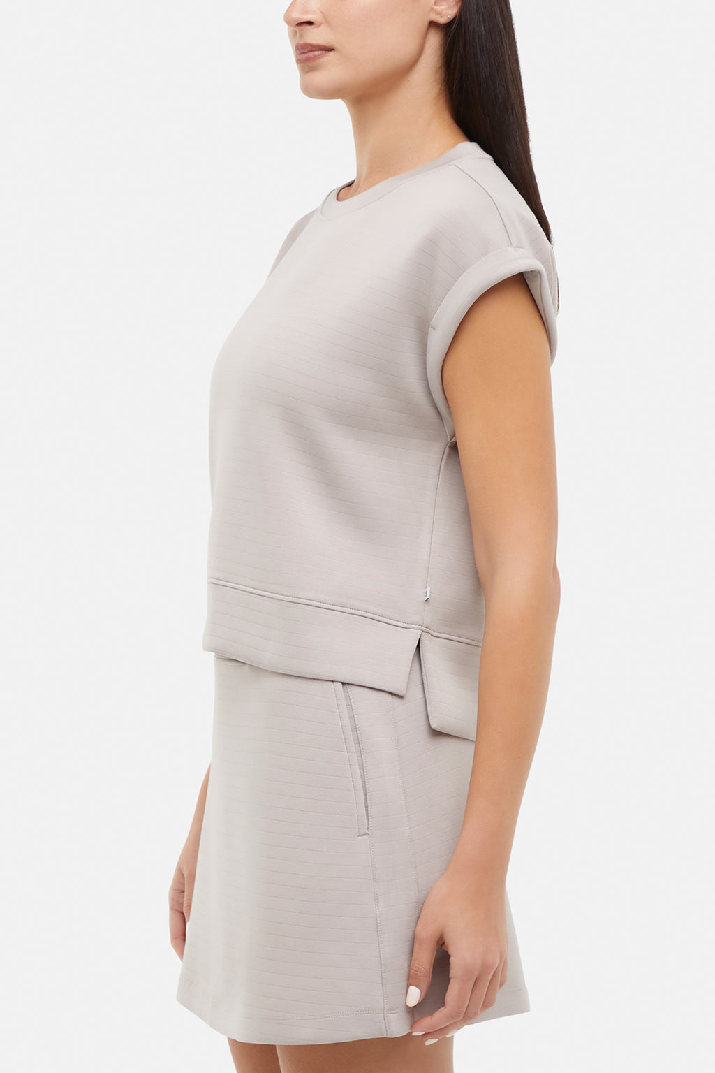 Becky Short Sleeve Crew Neck Top, alternate angle view, showing visible design features and texture of the soft knit fabric. #color_atmosphere