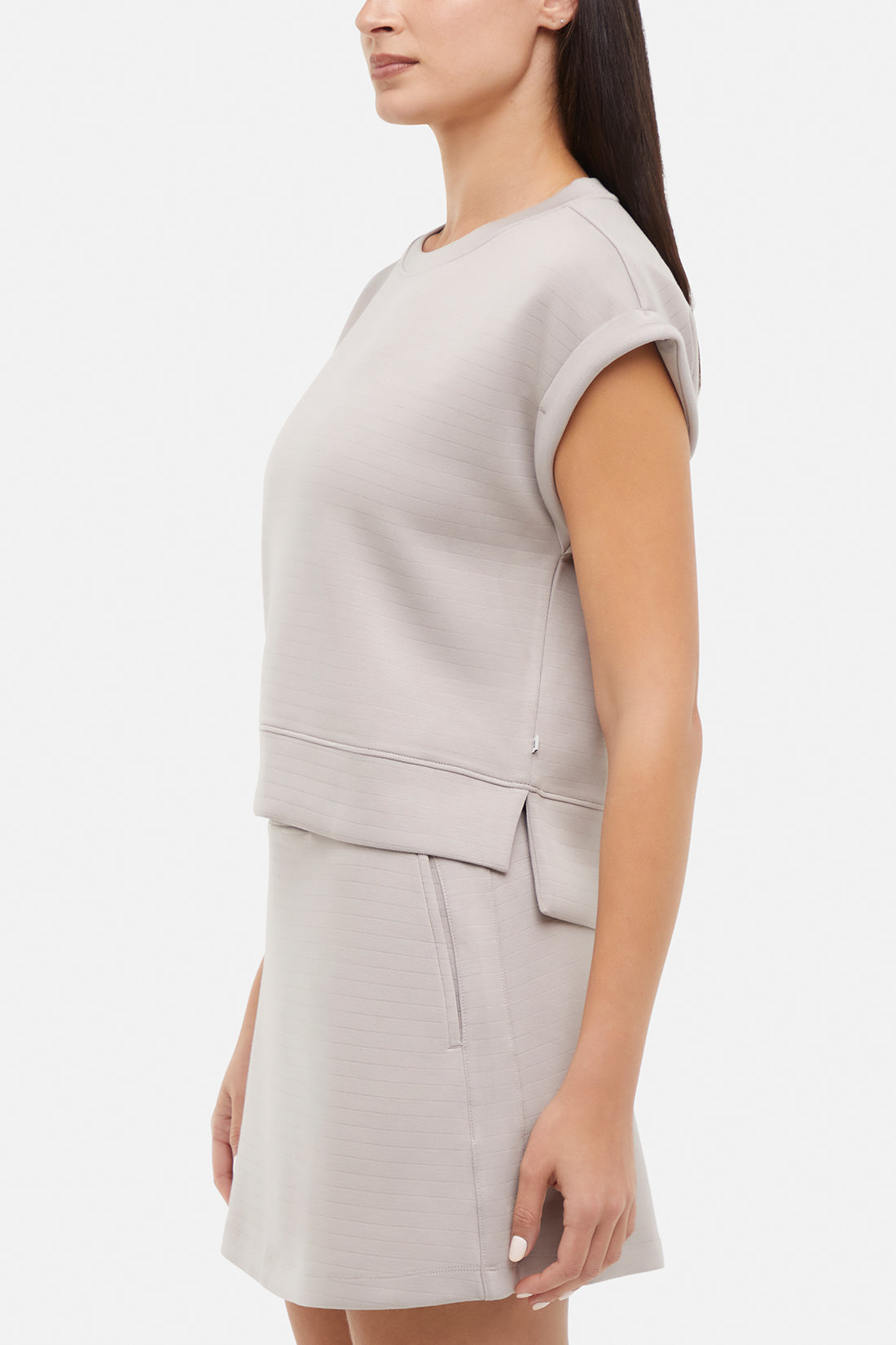 Becky Short Sleeve Crew Neck Top, alternate angle view, showing visible design features and texture of the soft knit fabric.