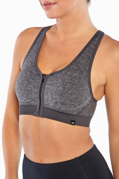 Savannah Seamless Front Zip Sports Bra, alternate angle view, showing visible design features and texture of the soft knit fabric.. 