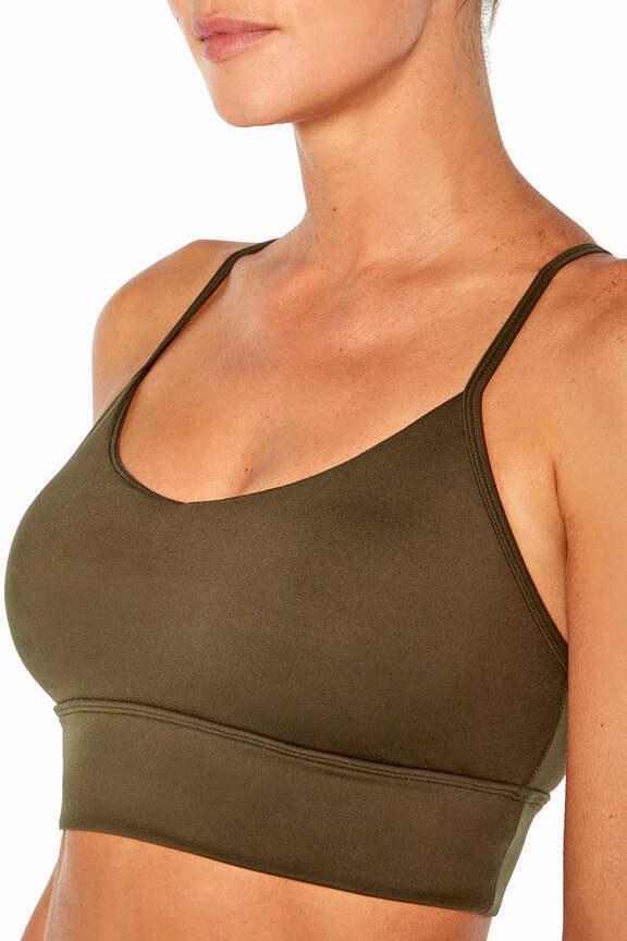Alli Sports Bra, back view, showing visible design features and texture of the soft knit fabric.. #color_rosin-green