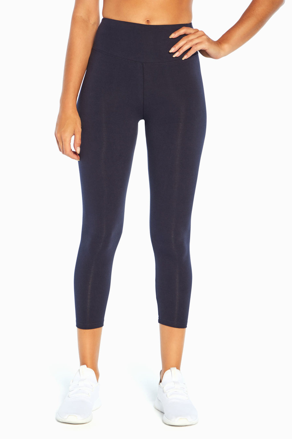Carrie Tummy Control Mid Calf Capri, alternate angle view, showing visible design features and texture of the soft knit fabric.. #color_midnight-blue