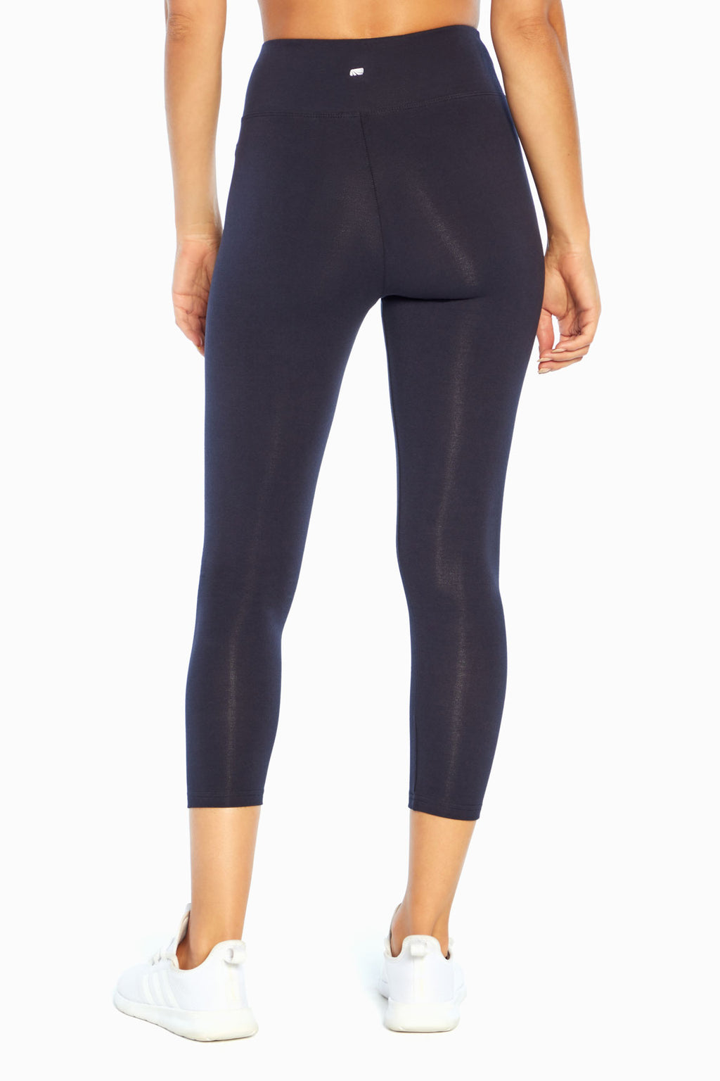 Carrie Tummy Control Mid Calf Capri, alternate angle view, showing visible design features and texture of the soft knit fabric.. #color_midnight-blue