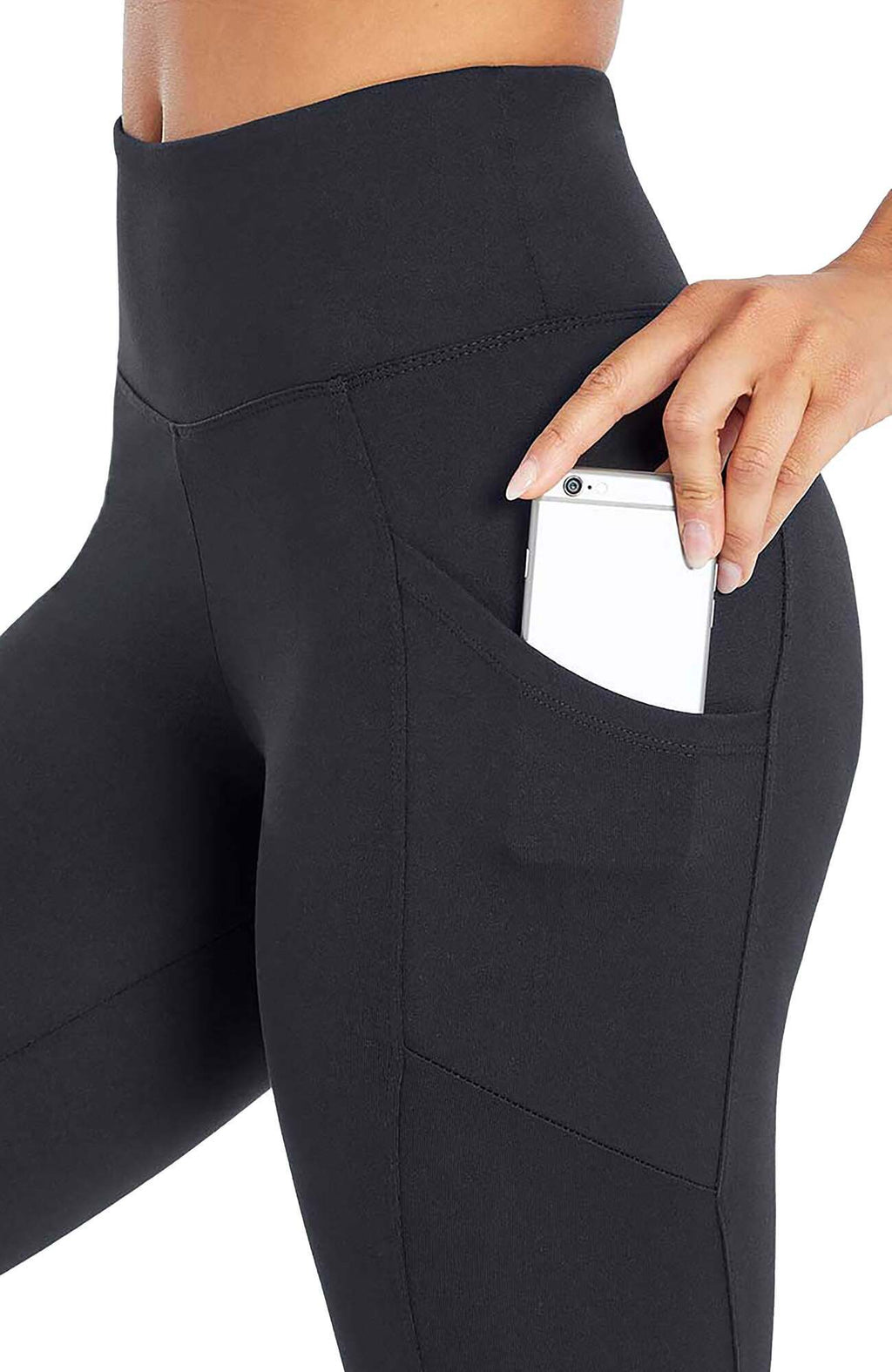 Drew Side Pocket Tummy Control Mid Calf Capri, alternate angle view, showing visible design features and texture of the soft knit fabric.. #color_black