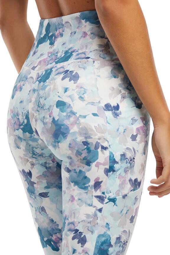 Drew Side Pocket Tummy Control Mid Calf Capri - Tapestry Full Bloom, side view showing pocket placement, showing visible design features and texture.. 