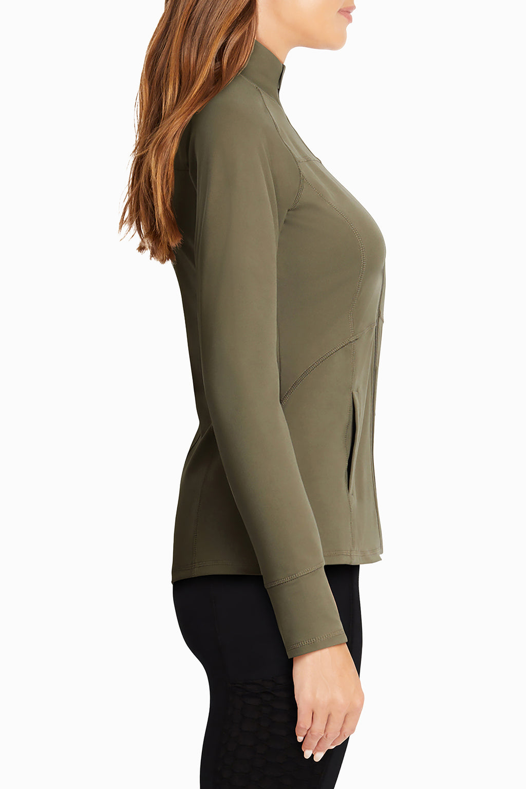 Revival Jacket, back view, showing visible design features and texture of the smooth woven fabric.. #color_dusty-olive