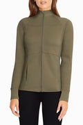 Revival Jacket, front view, showing visible design features and texture of the smooth woven fabric.. #color_dusty-olive