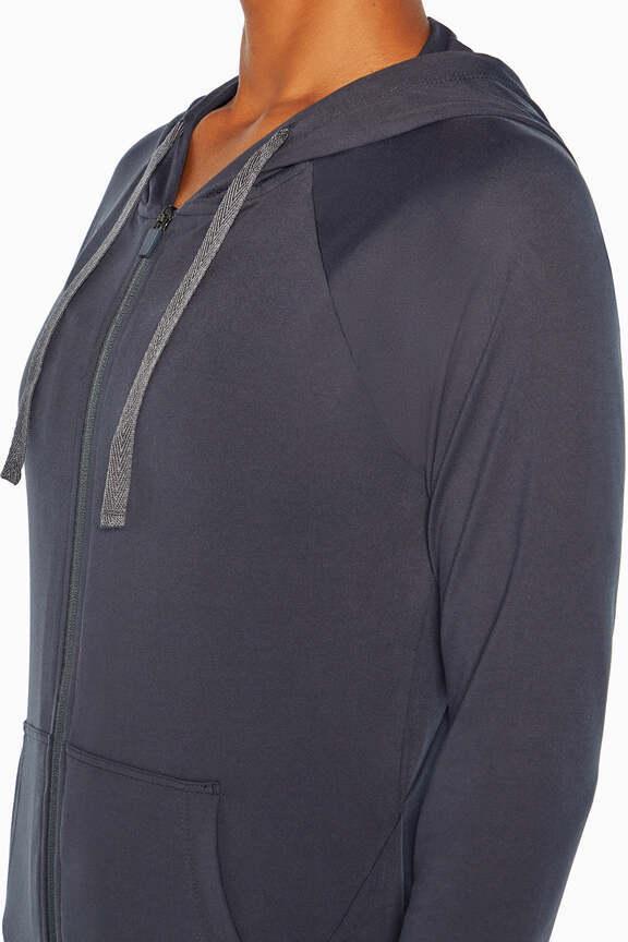 Mona Jacket, alternate angle view, showing visible design features and texture of the smooth woven fabric.. 