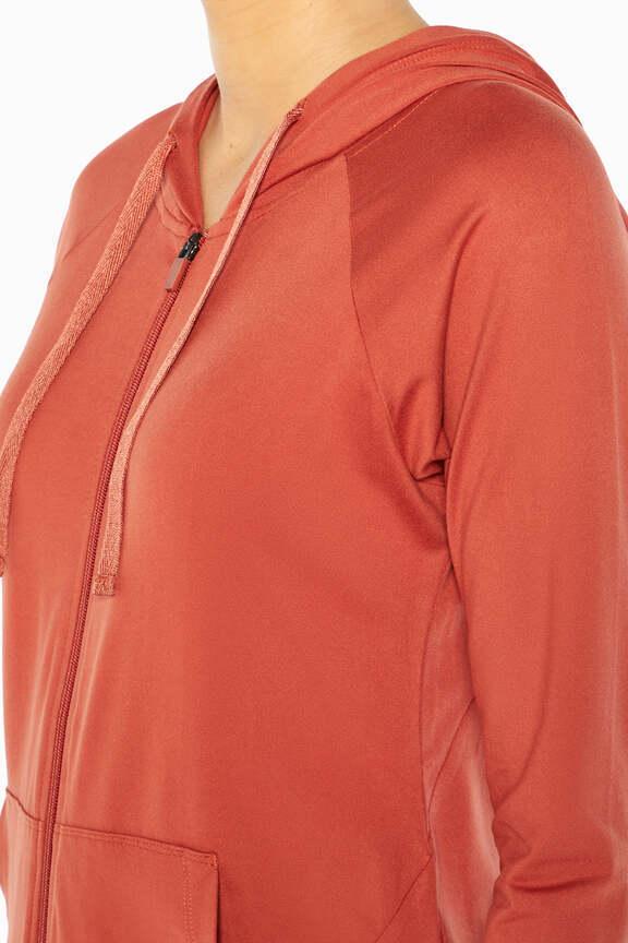 Mona Jacket, alternate angle view, showing visible design features and texture of the smooth woven fabric.. 