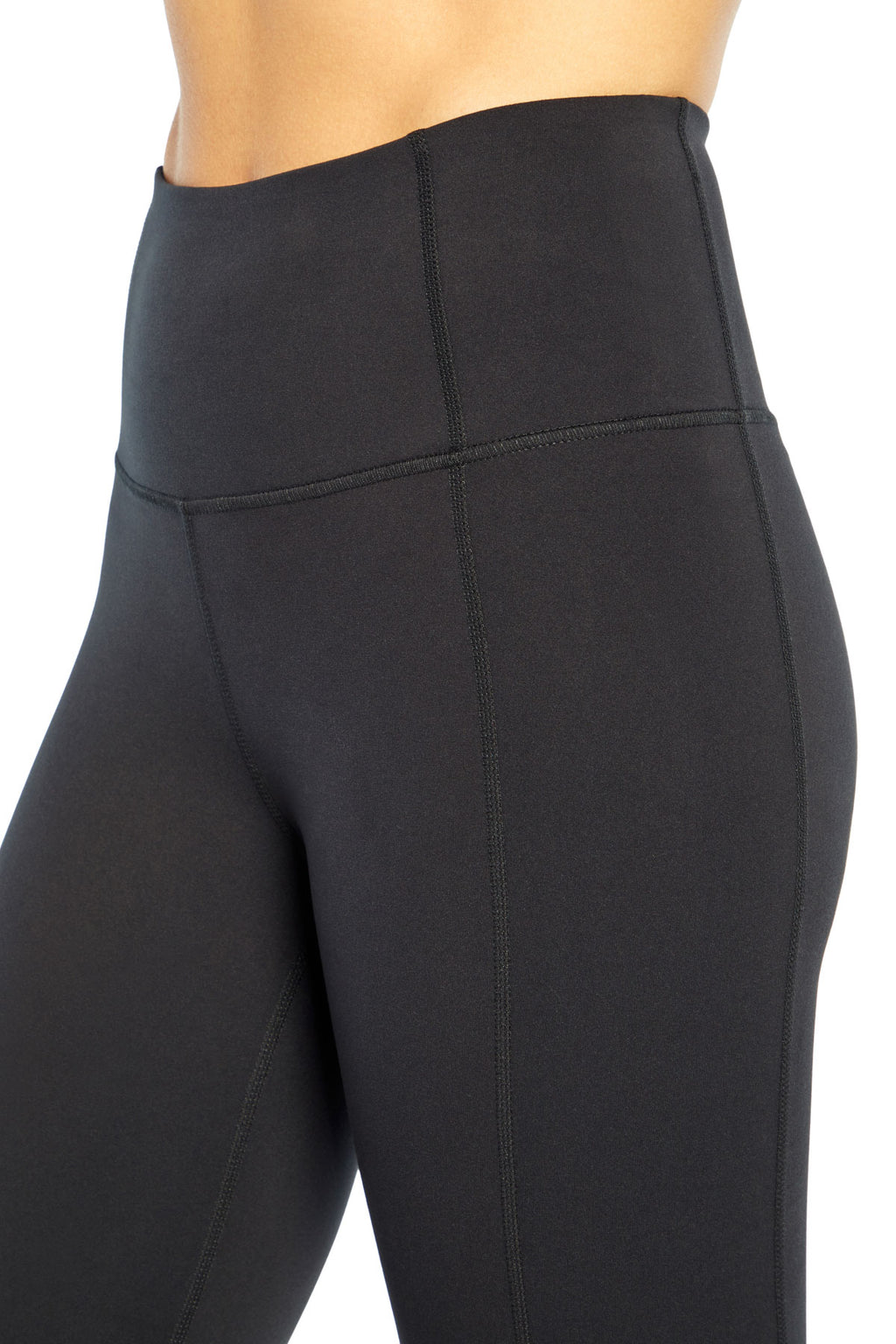 Olivia High Rise Tummy Control Legging - Black, alternate angle view, showing visible design features and texture of the stretch knit fabric. #color_black
