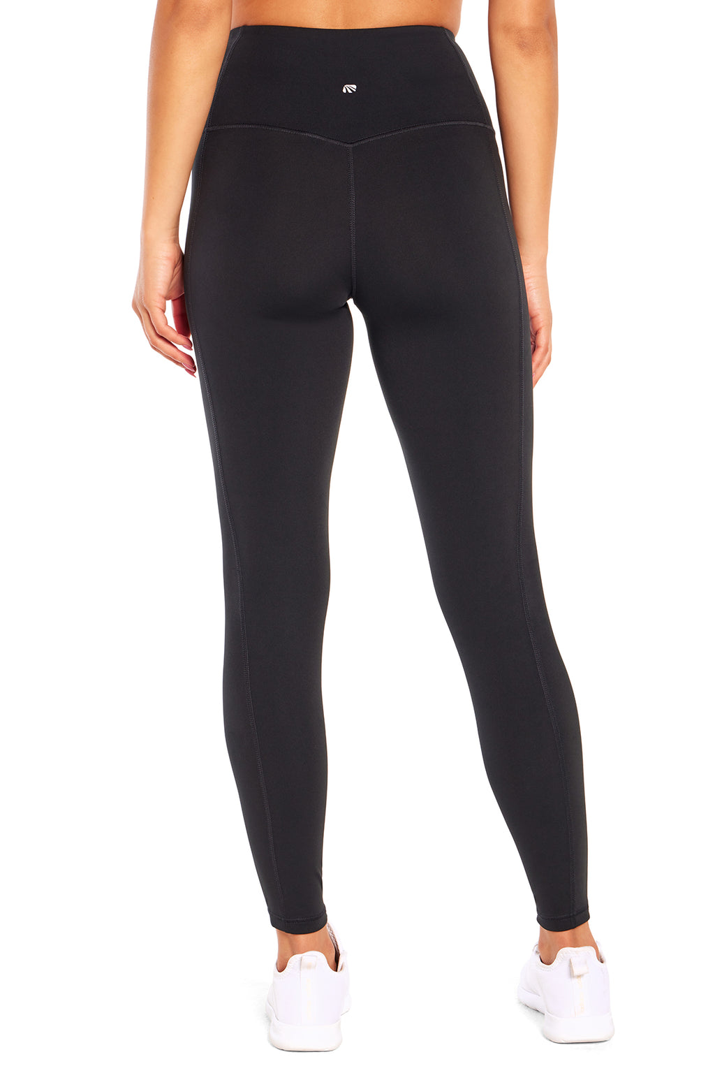 Olivia High Rise Tummy Control Legging - Black, alternate angle view, showing visible design features and texture of the stretch knit fabric. #color_black