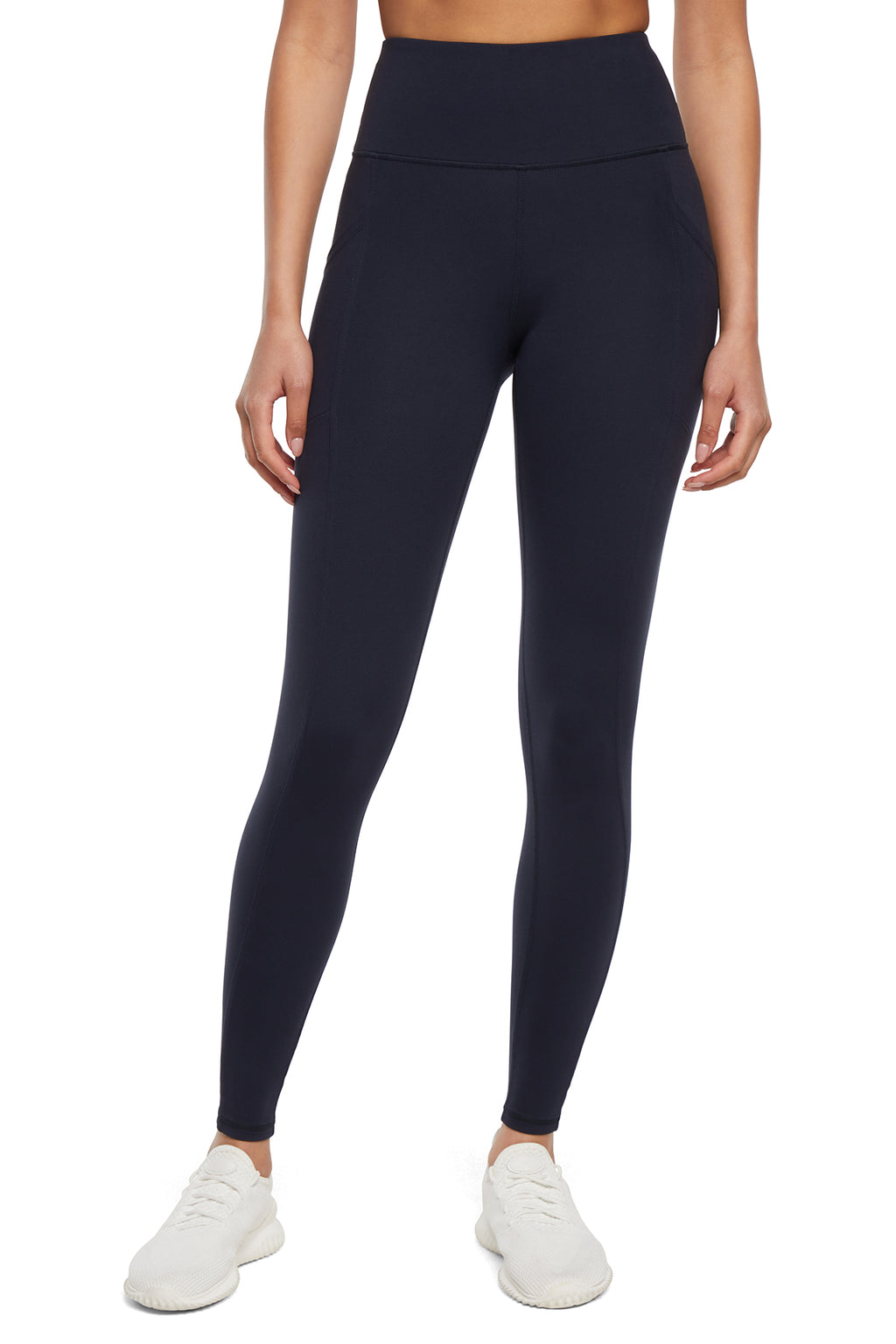 Cameron Side Pocket Tummy Control Legging, alternate angle view, showing visible design features and texture of the stretch knit fabric.. #color_midnight-blue
