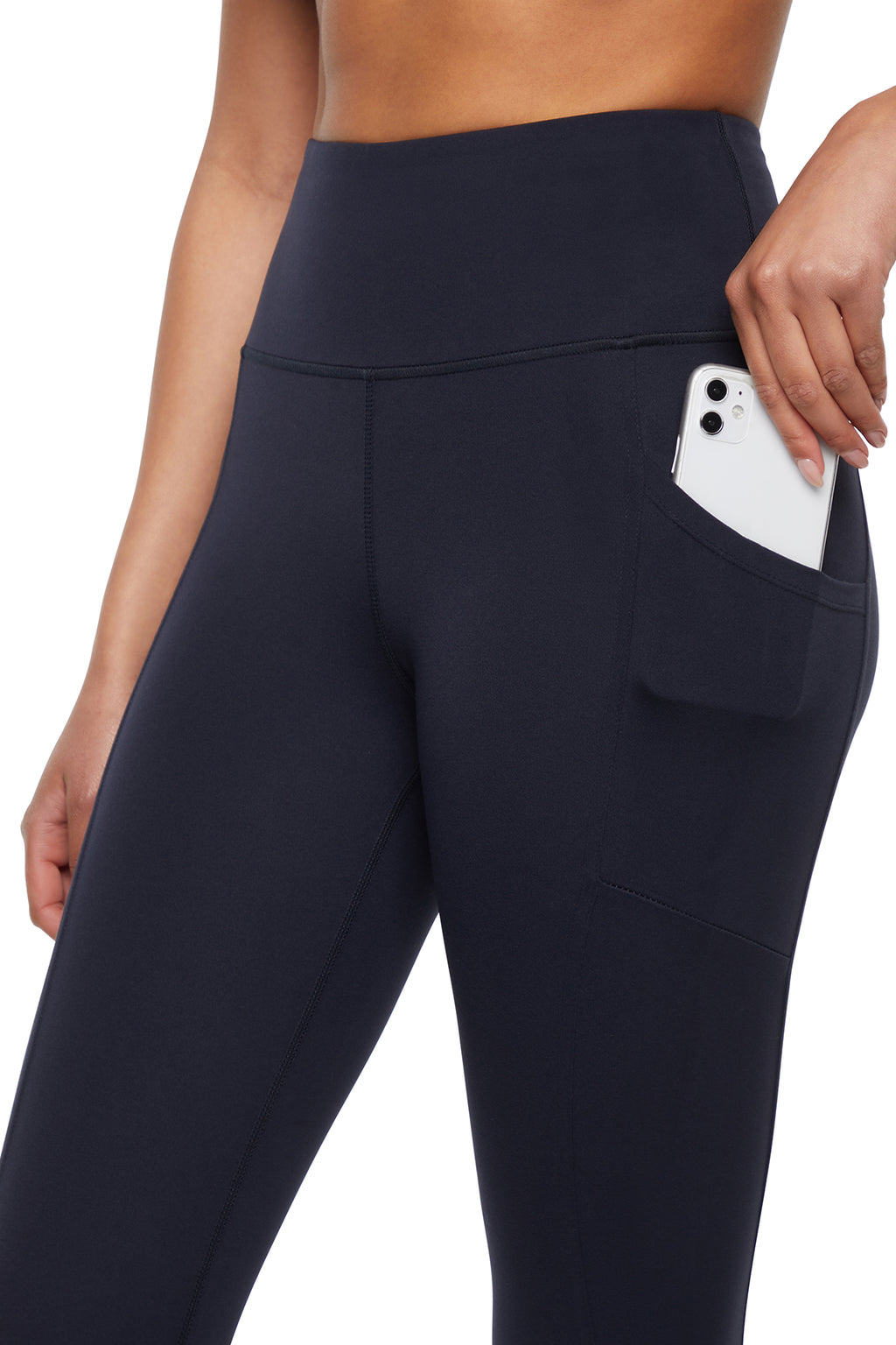 Cameron Side Pocket Tummy Control Legging, alternate angle view, showing visible design features and texture of the stretch knit fabric.. #color_midnight-blue