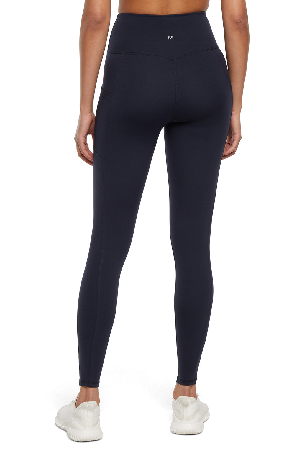 Cameron Side Pocket Tummy Control Legging, close-up view of fabric and stitching, showing visible design features and texture of the stretch knit.. #color_midnight-blue