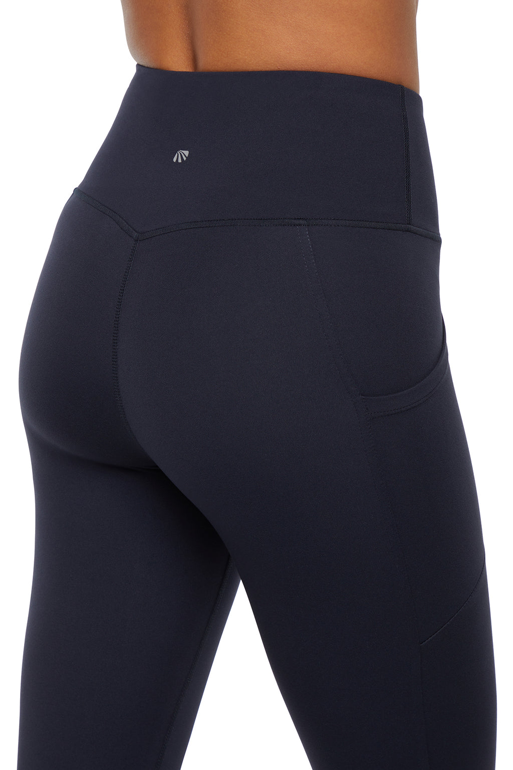 Cameron Side Pocket Tummy Control Legging, back view, showing visible design features and texture of the stretch knit fabric.. #color_midnight-blue