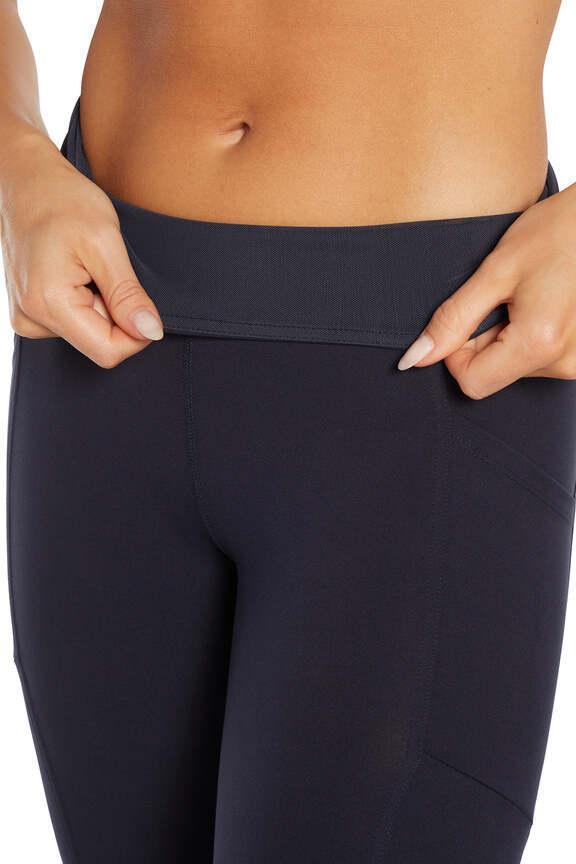Cameron Side Pocket Tummy Control Legging, side view showing pocket placement, showing visible design features and texture of the stretch knit fabric.. #color_midnight-blue