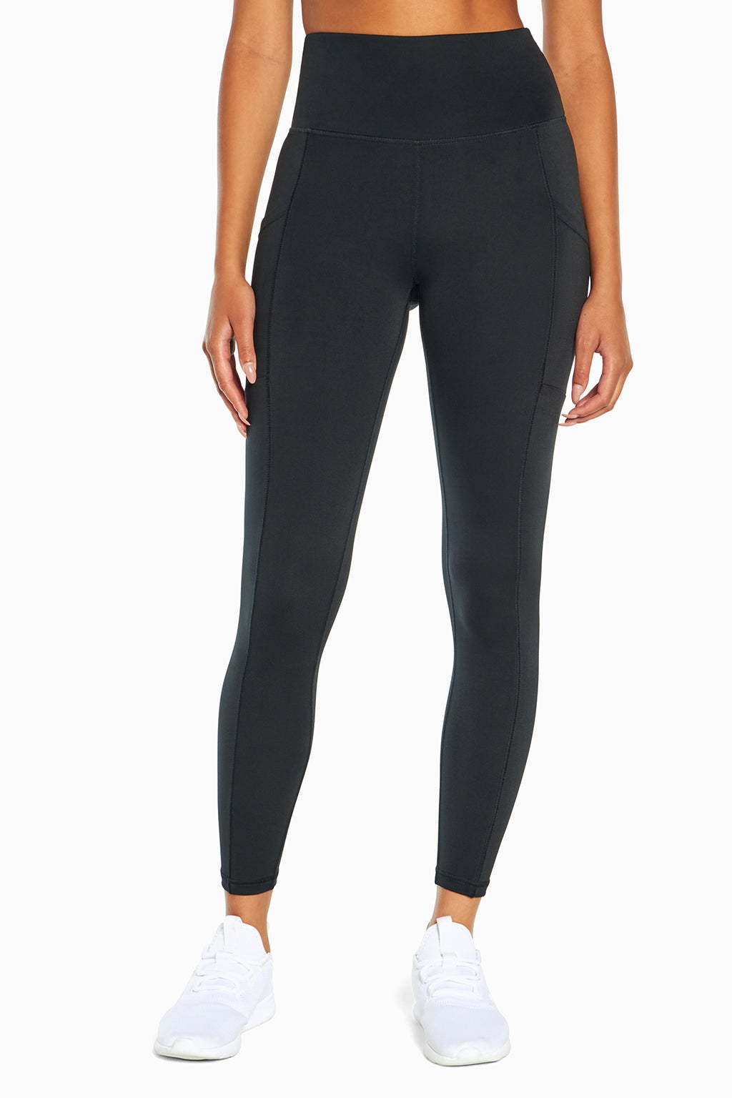 Talia Side Pocket Tummy Control Legging, alternate angle view, showing visible design features and texture of the stretch knit fabric.. #color_black